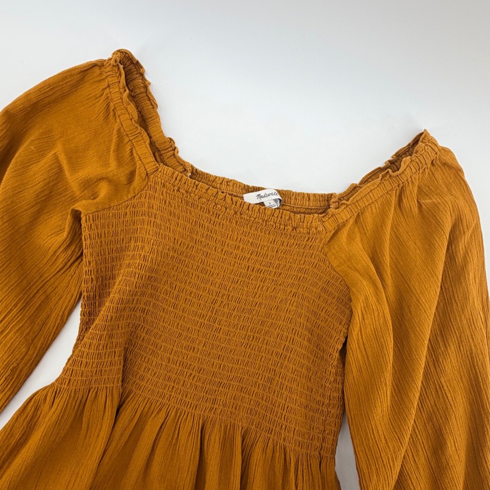 Madewell Smocked Peplum Top 2 Mustard Yellow Cotton Gauze Balloon Sleeve Womens